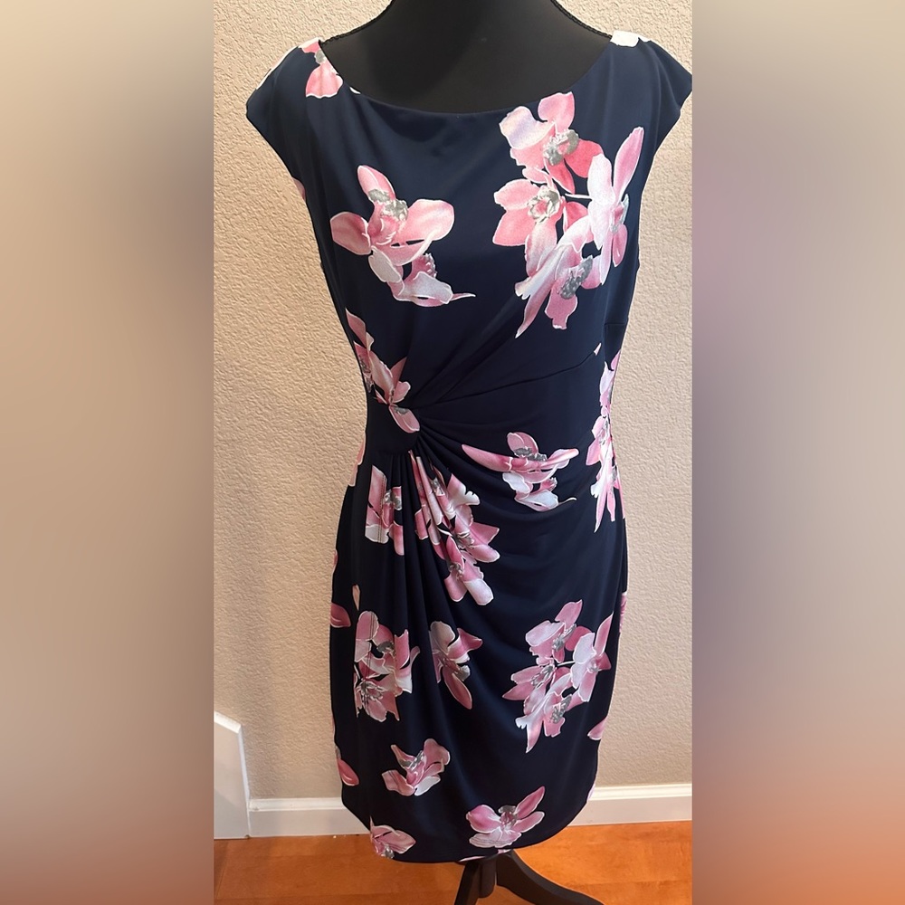Connected Apparel Navy and Pink Floral Midi Dress